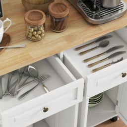 HOMCOM Rolling Kitchen Island Storage Trolley with Rubber Wood Top & Drawers for Dining Room, Cream White - thumbnail 9