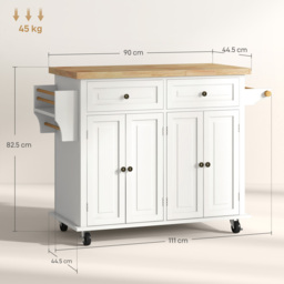 HOMCOM Rolling Kitchen Island Storage Trolley with Rubber Wood Top & Drawers for Dining Room, Cream White - thumbnail 3