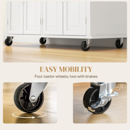 HOMCOM Rolling Kitchen Island Storage Trolley with Rubber Wood Top & Drawers for Dining Room, Cream White - thumbnail 7