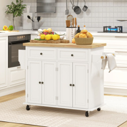 HOMCOM Rolling Kitchen Island Storage Trolley with Rubber Wood Top & Drawers for Dining Room, Cream White - thumbnail 2