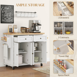 HOMCOM Rolling Kitchen Island Storage Trolley with Rubber Wood Top & Drawers for Dining Room, Cream White - thumbnail 6