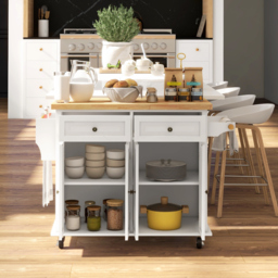 HOMCOM Rolling Kitchen Island Storage Trolley with Rubber Wood Top & Drawers for Dining Room, Cream White - thumbnail 8