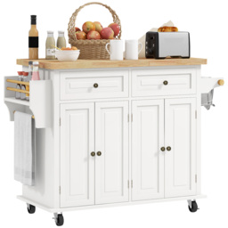 HOMCOM Rolling Kitchen Island Storage Trolley with Rubber Wood Top & Drawers for Dining Room, Cream White - thumbnail 1