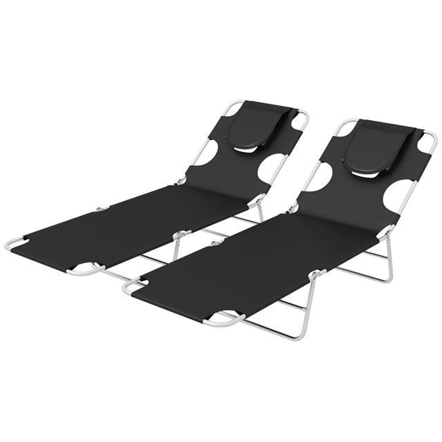 Outsunny Foldable Sun Lounger Set of 2, Beach Chaise Lounges w/ Reading Hole, Arm Slots, 5-Position Adjustable Backrest, Side Pocket - Aosom UK - image 1