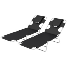 Outsunny Foldable Sun Lounger Set of 2, Beach Chaise Lounges w/ Reading Hole, Arm Slots, 5-Position Adjustable Backrest, Side Pocket - Aosom UK
