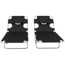 Outsunny Foldable Sun Lounger Set of 2, Beach Chaise Lounges w/ Reading Hole, Arm Slots, 5-Position Adjustable Backrest, Side Pocket - Aosom UK - thumbnail 8