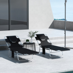 Outsunny Foldable Sun Lounger Set of 2, Beach Chaise Lounges w/ Reading Hole, Arm Slots, 5-Position Adjustable Backrest, Side Pocket - Aosom UK - thumbnail 2