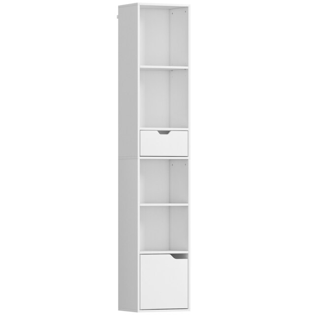 HOMCOM 6-Tier Bookcase, Tall Narrow Bookshelf with Drawer and Door - White - image 1