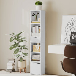 HOMCOM 6-Tier Bookcase, Tall Narrow Bookshelf with Drawer and Door - White - thumbnail 2