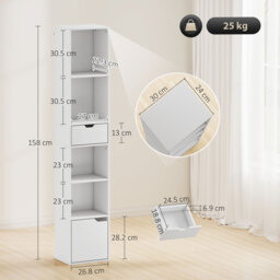 HOMCOM 6-Tier Bookcase, Tall Narrow Bookshelf with Drawer and Door - White - thumbnail 3