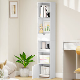HOMCOM 6-Tier Bookcase, Tall Narrow Bookshelf with Drawer and Door - White - thumbnail 9