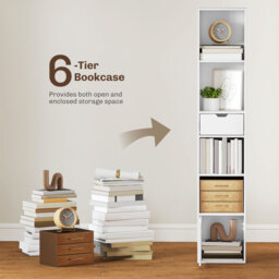 HOMCOM 6-Tier Bookcase, Tall Narrow Bookshelf with Drawer and Door - White - thumbnail 4