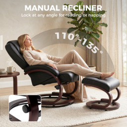 HOMCOM Swivel Recliner Chair with Footstool, PU Leather Recliner Armchair with Adjustable Back and Wood Frame, Black - thumbnail 4
