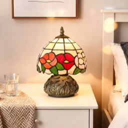 HOMCOM Handcrafted Classic Stained Glass Bedside Lamp, Tiffany-Style Table Lamp with Sculpted Dragonfly Base, Multi-Coloured - thumbnail 7