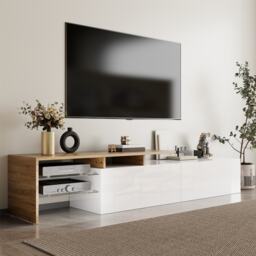 Modern TV Cabinet with Glass Shelves and LED Lighting, High-Gloss Media Cabinet for Living Room, 170L x 33W x 33.5H cm, White+Wood - Aosom UK - thumbnail 4