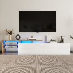Modern TV Cabinet with Glass Shelves and LED Lighting, High-Gloss Media Cabinet for Living Room, 170L x 33W x 33.5H cm, White+Wood - Aosom UK - thumbnail 1