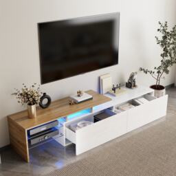Modern TV Cabinet with Glass Shelves and LED Lighting, High-Gloss Media Cabinet for Living Room, 170L x 33W x 33.5H cm, White+Wood - Aosom UK - thumbnail 5