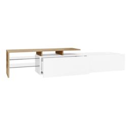 Modern TV Cabinet with Glass Shelves and LED Lighting, High-Gloss Media Cabinet for Living Room, 170L x 33W x 33.5H cm, White+Wood - Aosom UK - thumbnail 8