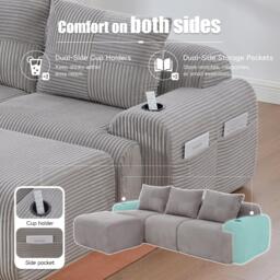 3-Seater Modular Sofa with Ottomans and Side Storage Pockets, Sectional Sofa with Integrated Cup Holders, 268L x 174W x 80H cm, Light Gray - Aosom UK - thumbnail 6