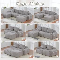3-Seater Modular Sofa with Ottomans and Side Storage Pockets, Sectional Sofa with Integrated Cup Holders, 268L x 174W x 80H cm, Light Gray - Aosom UK - thumbnail 4