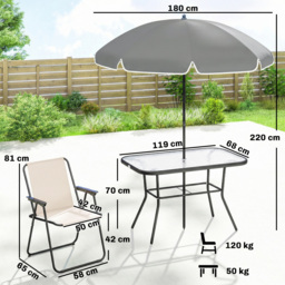 Outsunny 8 Piece Garden Dining Set with Umbrella Garden Furniture Set with 6 Folding Chairs, Tempered Glass Table for Patio Cream - thumbnail 3