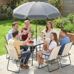 Outsunny 8 Piece Garden Dining Set with Umbrella Garden Furniture Set with 6 Folding Chairs, Tempered Glass Table for Patio Cream - thumbnail 9