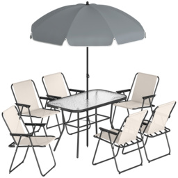 Outsunny 8 Piece Garden Dining Set with Umbrella Garden Furniture Set with 6 Folding Chairs, Tempered Glass Table for Patio Cream - thumbnail 1