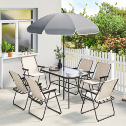 Outsunny 8 Piece Garden Dining Set with Umbrella Garden Furniture Set with 6 Folding Chairs, Tempered Glass Table for Patio Cream - thumbnail 2