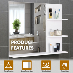 kleankin Wall-Mounted Vanity Mirror: 3-Tier Shelving Unit for Bathroom Storage & Organisation, White - Aosom UK - thumbnail 6