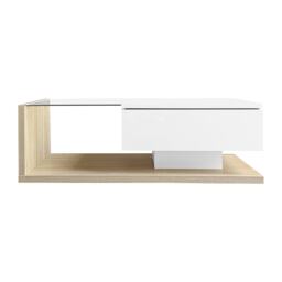 Rectangular Cocktail Table with Glass Top and LED Lights, Coffee Table with Drawer for Living Room, 105L x 55W x 32.5H cm, White+Natural - Aosom.UK - thumbnail 2