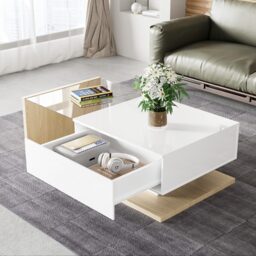 Rectangular Cocktail Table with Glass Top and LED Lights, Coffee Table with Drawer for Living Room, 105L x 55W x 32.5H cm, White+Natural - Aosom.UK - thumbnail 5