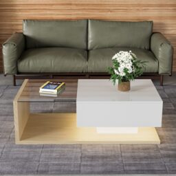 Rectangular Cocktail Table with Glass Top and LED Lights, Coffee Table with Drawer for Living Room, 105L x 55W x 32.5H cm, White+Natural - Aosom.UK - thumbnail 4