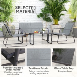 Outsunny 4 Piece Garden Furniture Set Outdoor Patio Sofa Set with Double Chair, Single Chairs and Glass Top Table for Terrace and Balcony, Light Grey - thumbnail 5