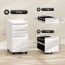Vinsetto 3-Drawer Steel Filing Cabinet with Lock and Wheels - White - thumbnail 3