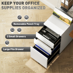 Vinsetto 3-Drawer Steel Filing Cabinet with Lock and Wheels - White - thumbnail 4