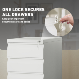 Vinsetto 3-Drawer Steel Filing Cabinet with Lock and Wheels - White - thumbnail 6