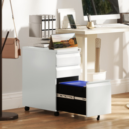 Vinsetto 3-Drawer Steel Filing Cabinet with Lock and Wheels - White - thumbnail 2
