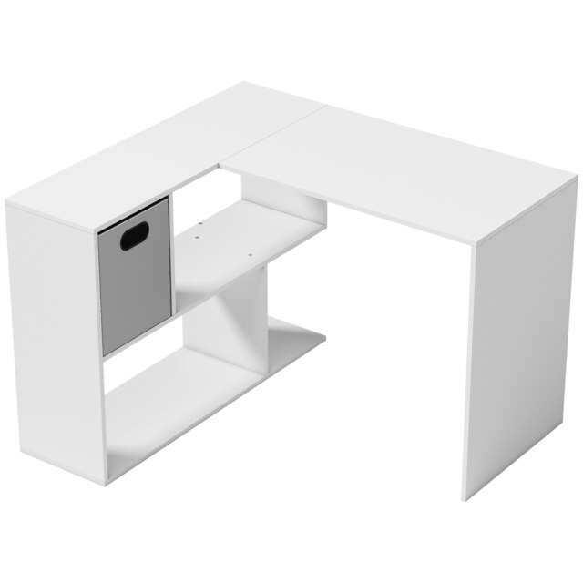 HOMCOM L Shaped Computer Desk, 110 x 100cm Reversible Corner Desk with Fabric Drawer and Storage Shelves, White - image 1