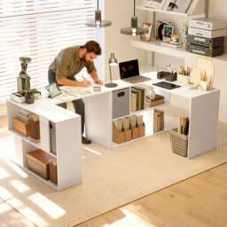HOMCOM L Shaped Computer Desk, 110 x 100cm Reversible Corner Desk with Fabric Drawer and Storage Shelves, White - thumbnail 8
