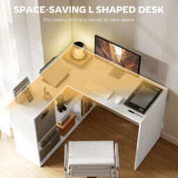 HOMCOM L Shaped Computer Desk, 110 x 100cm Reversible Corner Desk with Fabric Drawer and Storage Shelves, White - thumbnail 4