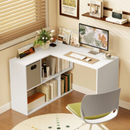 HOMCOM L Shaped Computer Desk, 110 x 100cm Reversible Corner Desk with Fabric Drawer and Storage Shelves, White - thumbnail 9