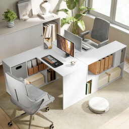 HOMCOM L Shaped Computer Desk, 110 x 100cm Reversible Corner Desk with Fabric Drawer and Storage Shelves, White - thumbnail 7