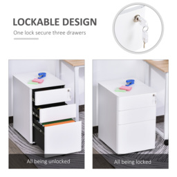 Vinsetto Fully Assembled 3 Drawer Steel Metal Filing Cabinet Lockable Rolling Vertical File Cabinet White - thumbnail 4