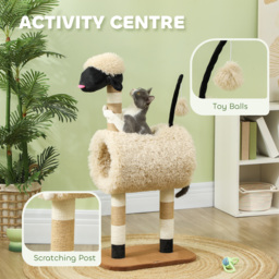PawHut Cat Tree Sheep Design, 98 cm Multi-Level Cat Tower with Scratching Posts, Tunnel & Play Ball, Light Brown - thumbnail 4
