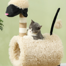 PawHut Cat Tree Sheep Design, 98 cm Multi-Level Cat Tower with Scratching Posts, Tunnel & Play Ball, Light Brown - thumbnail 7