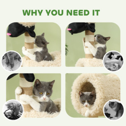 PawHut Cat Tree Sheep Design, 98 cm Multi-Level Cat Tower with Scratching Posts, Tunnel & Play Ball, Light Brown - thumbnail 6