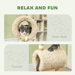 PawHut Cat Tree Sheep Design, 98 cm Multi-Level Cat Tower with Scratching Posts, Tunnel & Play Ball, Light Brown - thumbnail 5