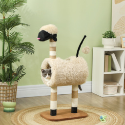 PawHut Cat Tree Sheep Design, 98 cm Multi-Level Cat Tower with Scratching Posts, Tunnel & Play Ball, Light Brown - thumbnail 2