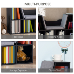 HOMCOM Bookcase Shelf Storage Seat with Cushion Sideboard Kids Children Reading Bedroom Living Room Organizer Black - Aosom UK - thumbnail 7