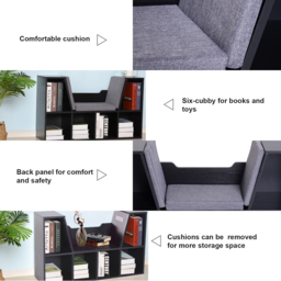 HOMCOM Bookcase Shelf Storage Seat with Cushion Sideboard Kids Children Reading Bedroom Living Room Organizer Black - Aosom UK - thumbnail 9